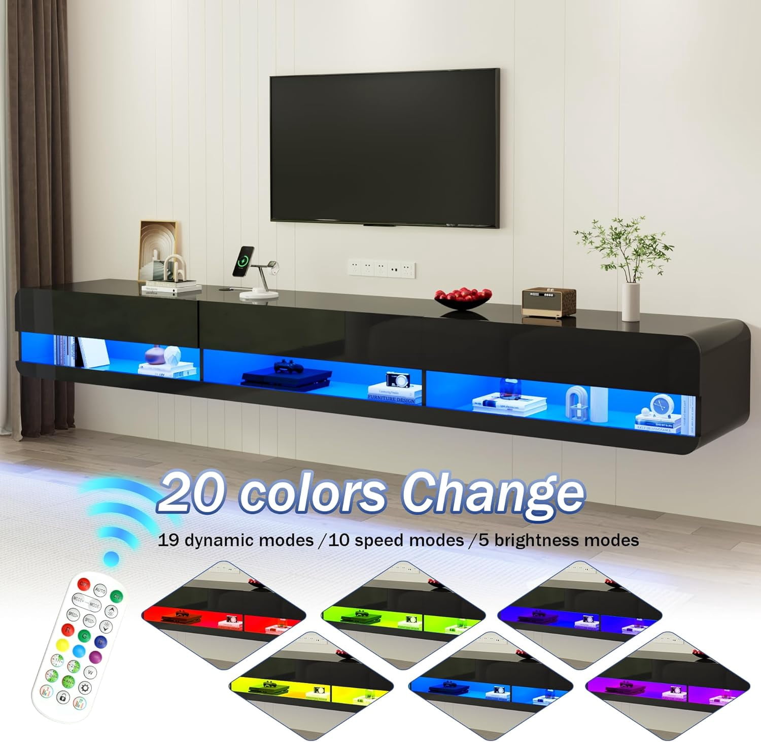 Anpoo 94.5'' Modern Floating TV Stand for TVs up to 100'' TV, LED High Gloss Entertainment Center with Storage & Power Outlet, TV Console with 20 Color Changing Lights for Living Room Bedroom, Black