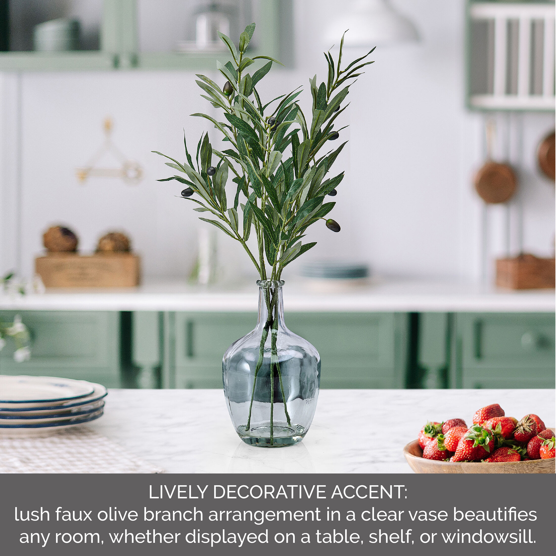Elements Artificial Olive Branch Arrangement in Clear Glass Vase, Realistic Look and Feel