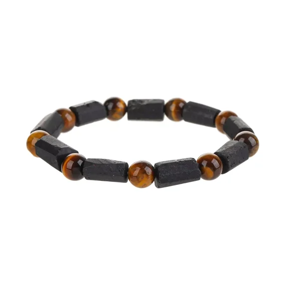 Handmade Natural Stone - Black Tourmaline Bracelet with Tiger Eye Beads - Men's and Women's Jewelry