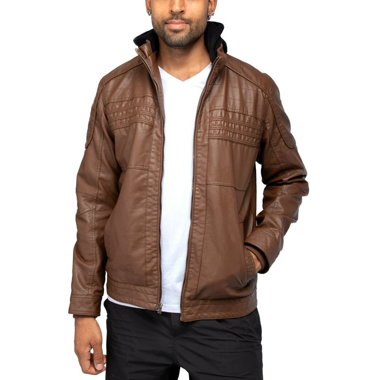 X RAY Jeans Mens Grainy PU Leather Hooded Jacket with Faux