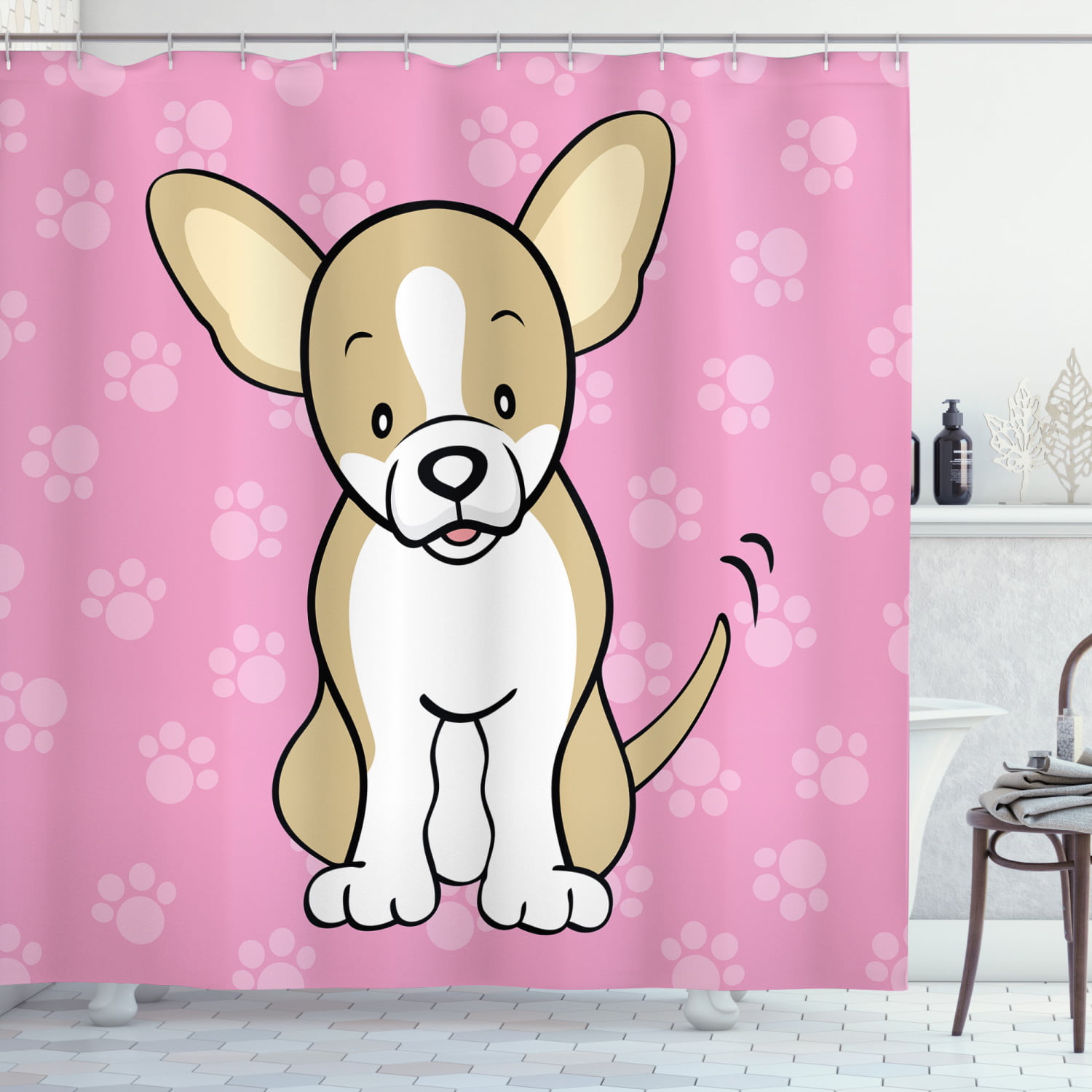 Chihuahua dog and grey cat 71 Inch Waterproof Fabric Shower Curtain Bedroom Mat 
