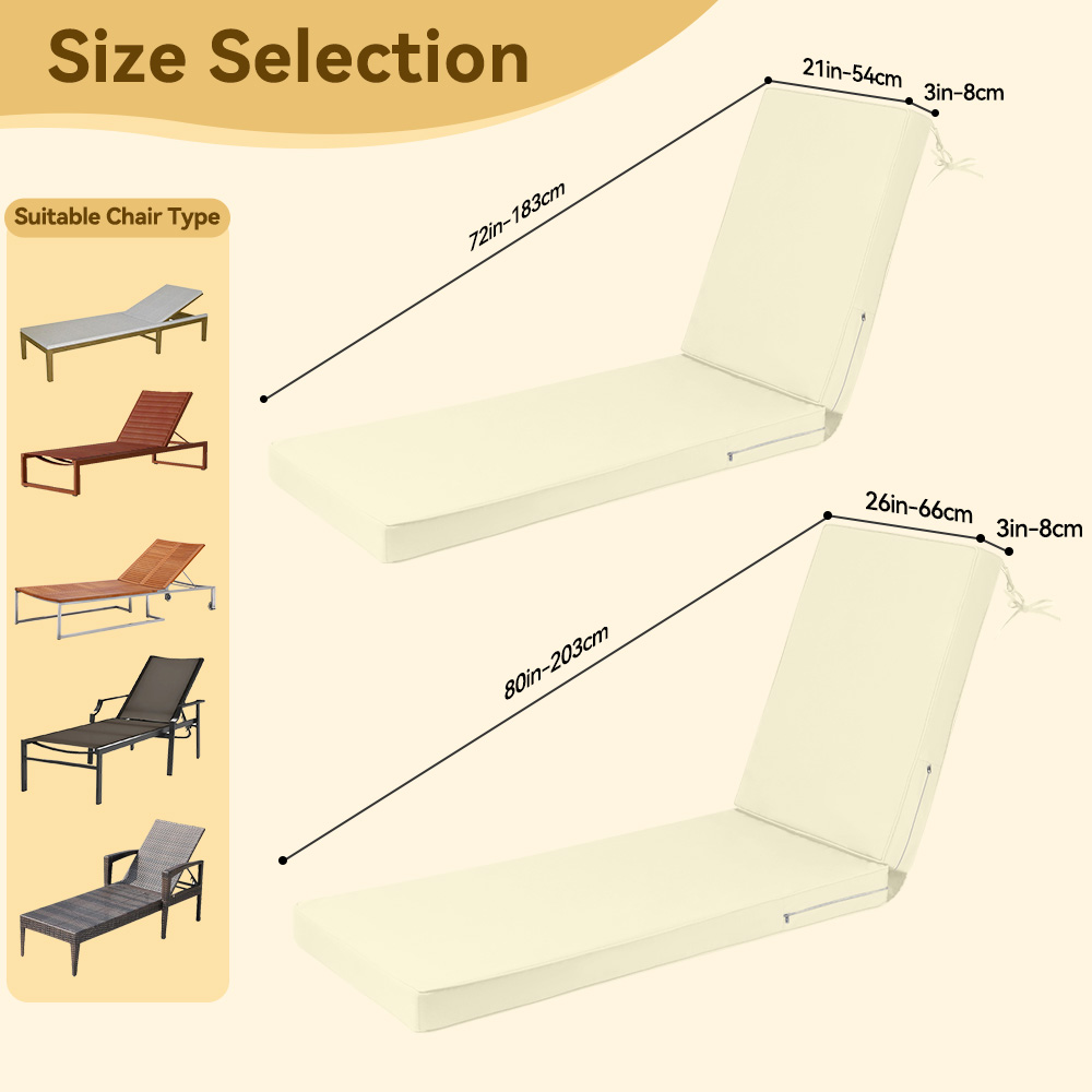 ROFIELTY 72 x 21 Inch Outdoor Chaise Lounge Cushion, 3" Thick Double-Sided Waterproof UV Resistant, Replacement Pad with Secure Ties & Hidden Zipper, for Poolside Beach Backyard, Beige