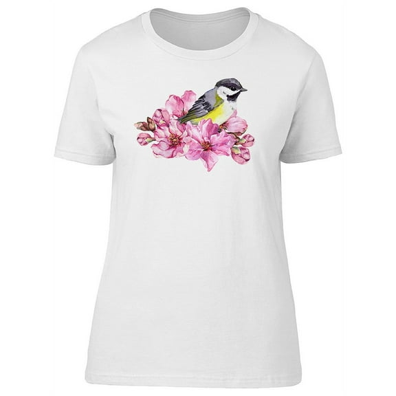 Cute Bird, Pink Cherry Blossom T-Shirt Women -Image by Shutterstock, Female Large