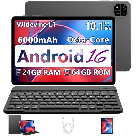 Android 16 Tablet, 10.1-inch, Wi-Fi Model, 64GB/24GB/2TB Expandable Memory, 8-Core CPU, GPS, Widevine L1, YouTube Support, 2.4G & 5G Wi-Fi/BT5.0, 6000mAh Battery, Face Recognition, Split Scre