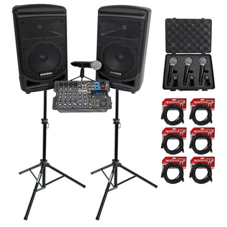 Samson Expedition XP800W 8" Portable PA DJ Speaker+Mixer+(4) Microphones+Stands