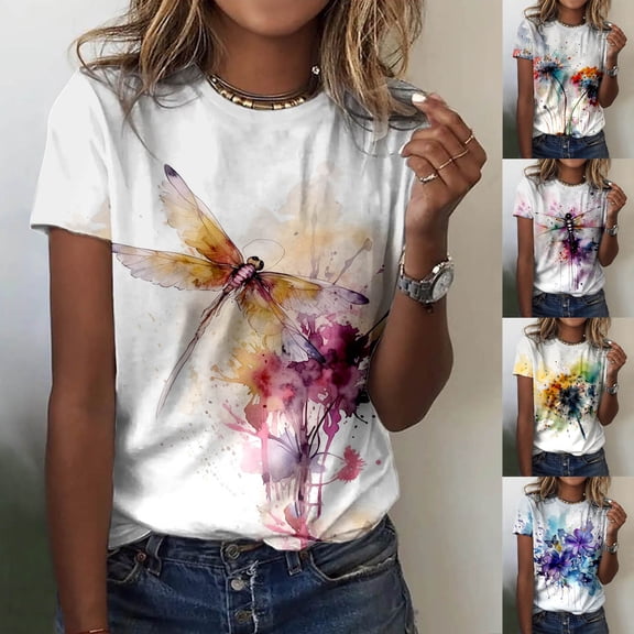 QHWAUAKFBN T Shirts For Women Trendy Summer Round Neck Short Sleeve Flower Butterfly Print Tshirts Top
