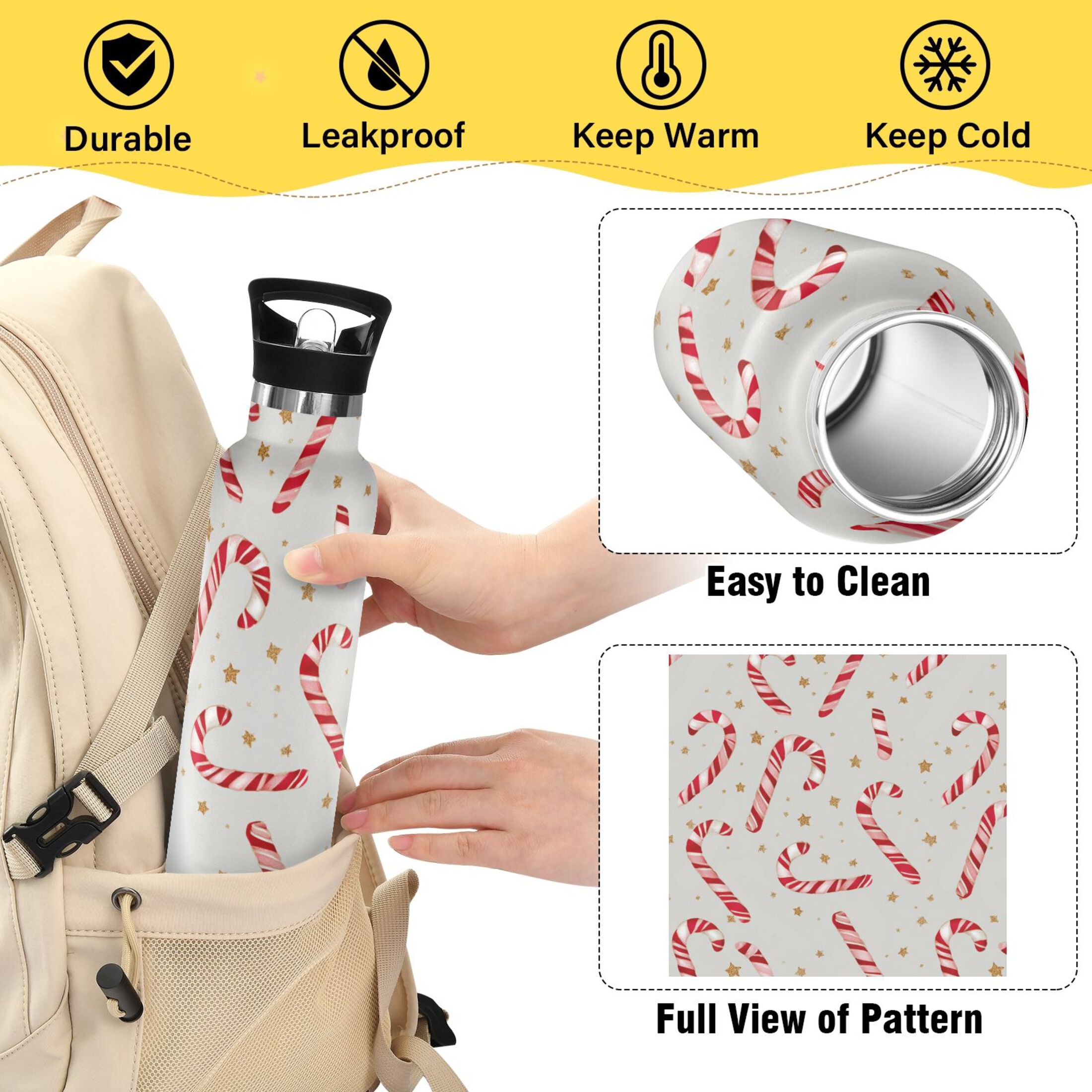 Kids Insulated Stainless Steel Sports Water Bottle 600ml (20oz) Candy Cane and Gold Stars