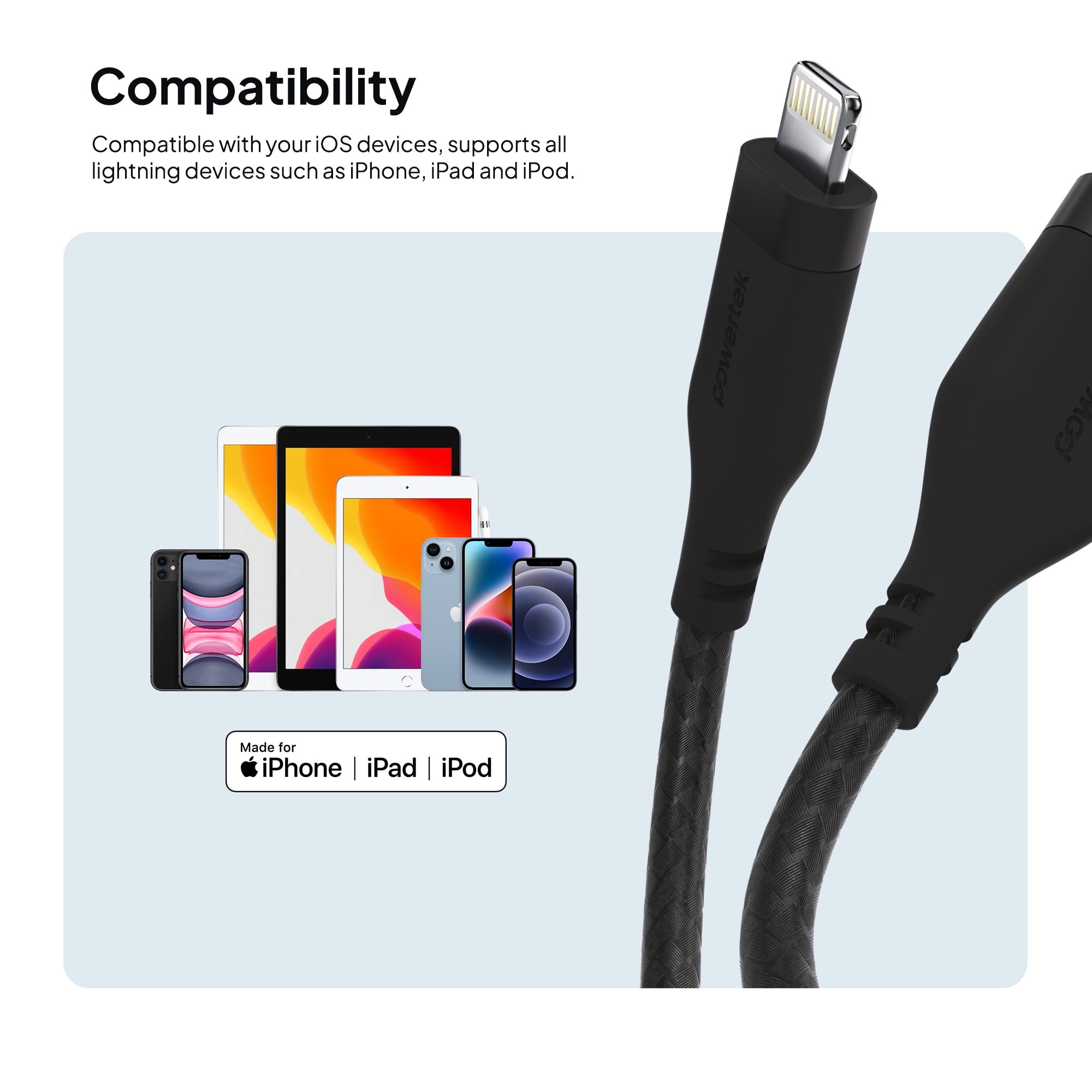 Powertek MFi Certified USB-A to Lightning Charging Cable, Carbon Design Texture, 6 ft, Black