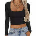 thumbnail image 2 of Women Long Sleeve Square Neck Navel Top Ribbed Slim Fit Top Casual Basic T Shirt, 2 of 5