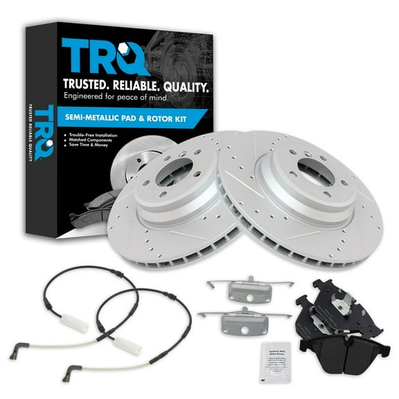 TRQ Front Performance Brake Pad & Rotor Kit Brake Pad Wear Sensor Brake Pads Brake Rotors Set Semi-Metallic Premium G-Coated Fits Select 2009-2010 BMW 335d 2007-2010 335i 2010-2013 335i xDrive