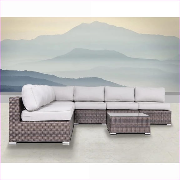 Patio 6-Person Modern Outdoor Wicker Seating Set, Fully Assembled with Cushions & Glass Top Table for Patio Deck Garden | Gray | Wicker
