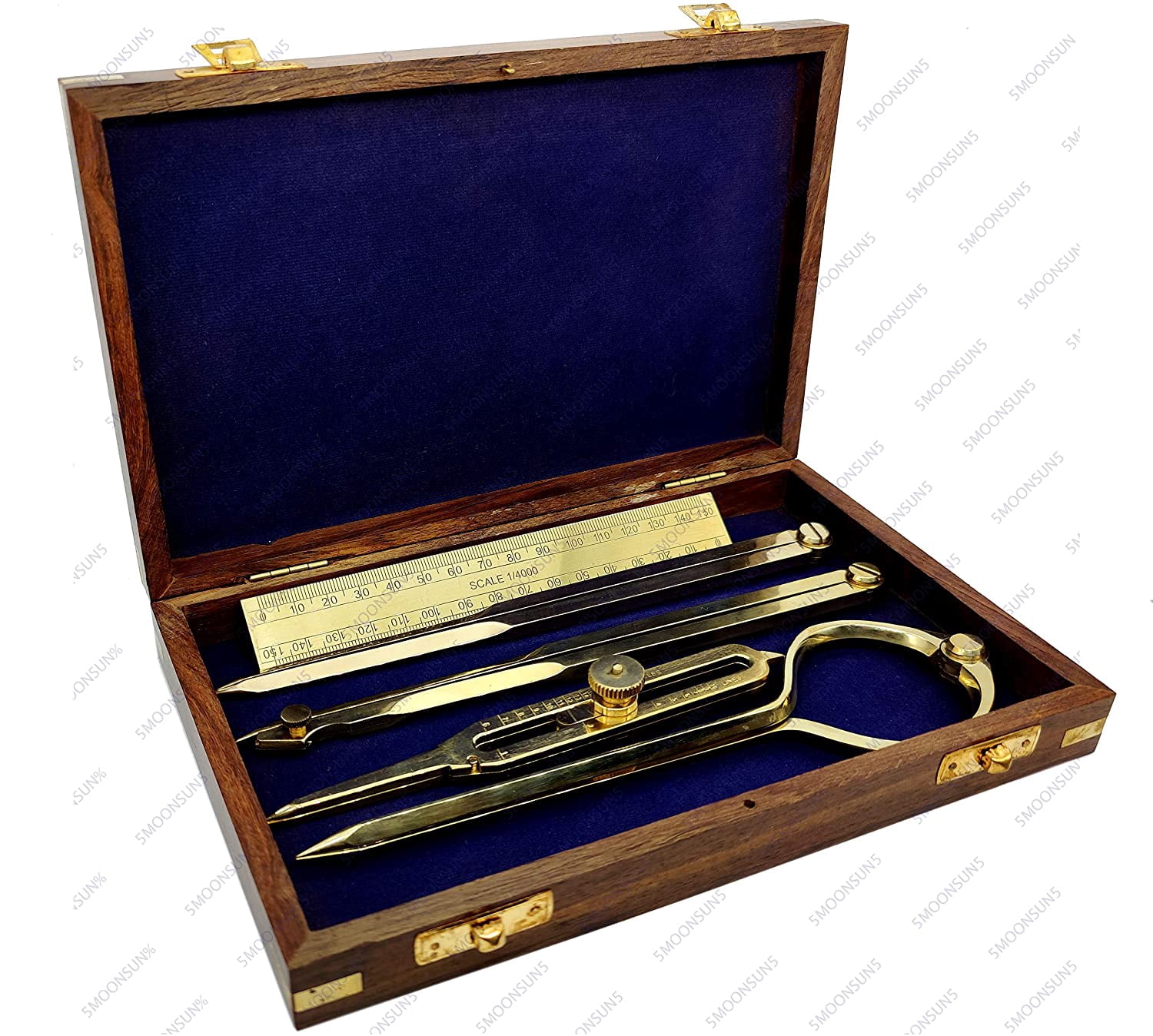 5MOONSUN5's Proportional Divider Set of 5, Full Brass dividers with Executive Wooden Box, Single Handed 8" Brass Navigational Dividers Compass Set for Maritime, Naval, Geometry and Drafting