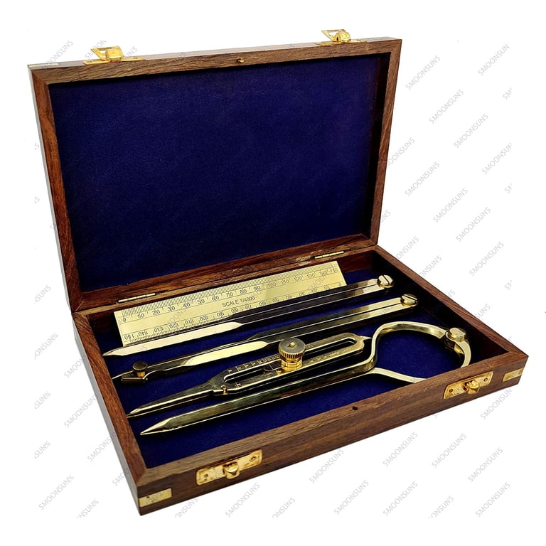 Solid Brass Proportional Divider Set – 5-Piece Drafting & Navigation Tool Kit With Wooden Box | Perfect For Maps, Charts & Design