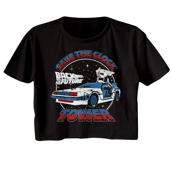 Back to the Future Save The Clock Tower Split Color Black Women's Festival Cali Crop T-Shirt