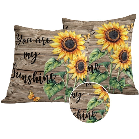 Sunflower Yellow Outdoor Pillow Covers 16x16 Set of 2,Waterproof Patio Throw Pillowcase Protectors,Sunshine Butterfly Farmhouse Wood Brown Decorative Pillow Shams Cushion Covers for Seat Bed Couch