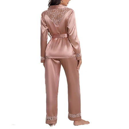 

2pcs Set Elegant Shawl Collar PJ Pant Sets Long Sleeve Dusty Pink Women s Pajama Sets (Women s)