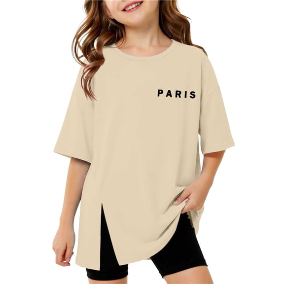 Girls Long Split Hem Short Sleeve T-Shirt Paris Letter Graphic Tee For Teen Toddler Kids 3-16 Years Daily School Wear