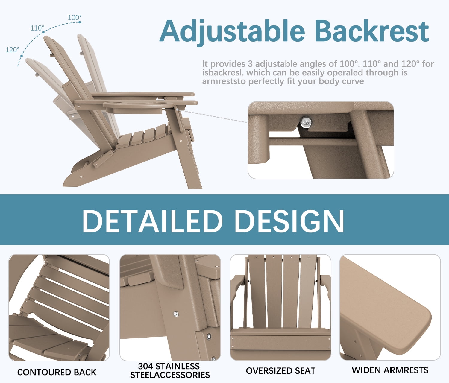 FOOWIN Adjustable Backrest Folding Adirondack Chair with Cup Holder, HDPE Weather Resistant Fire Pit Chair, Brown