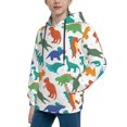 thumbnail image 2 of Picia Colorful Dinosaur Pattern Youth Hoodie - Warm Pullover Sweatshirt with Kangaroo Pocket, Ideal for Boys and Girls-Small, 2 of 6