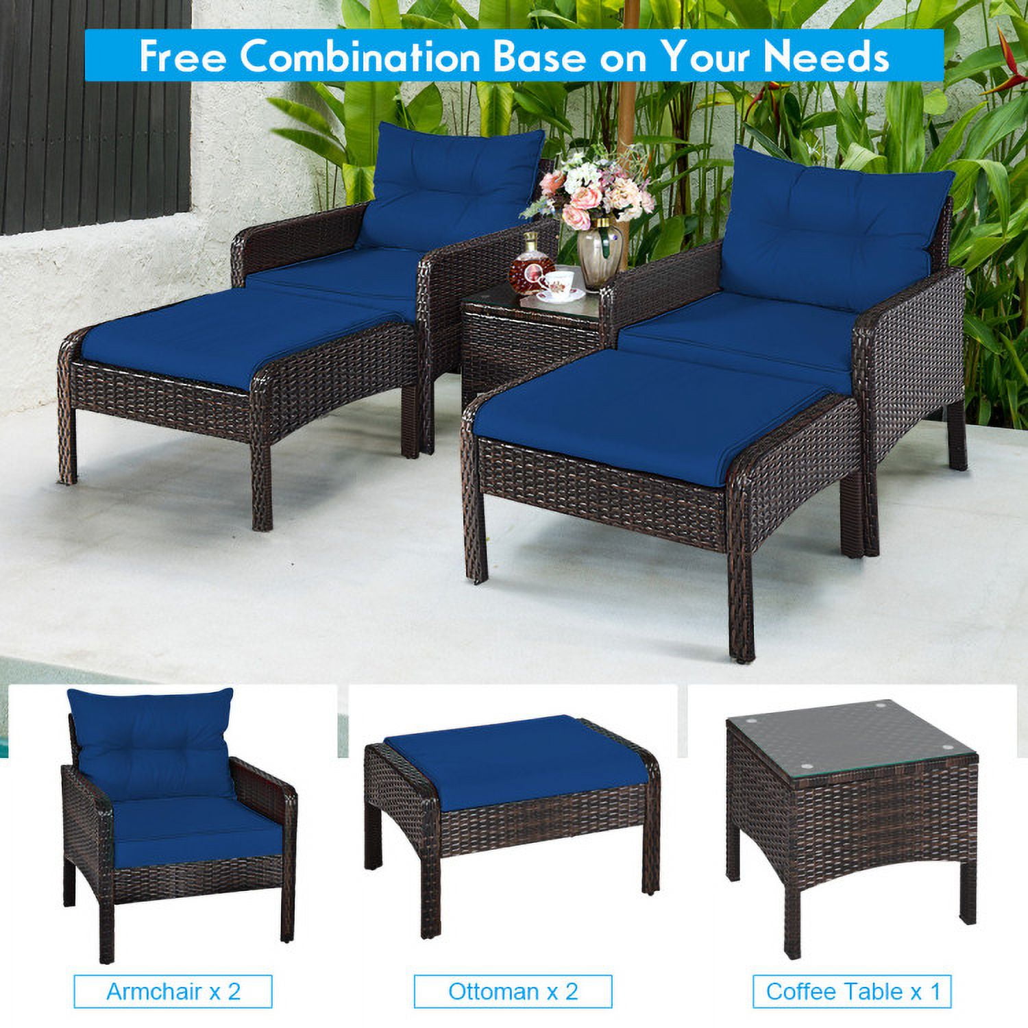 Aimee Lii 5 Pieces Patio Rattan Sofa Ottoman Furniture Set with Cushions, Outdoor Patio Furniture, Navy Aimee Lii 5 Pieces Patio Rattan Sofa Ottoman Furniture Set with Cushions, Outdoor Patio Furniture, Navy