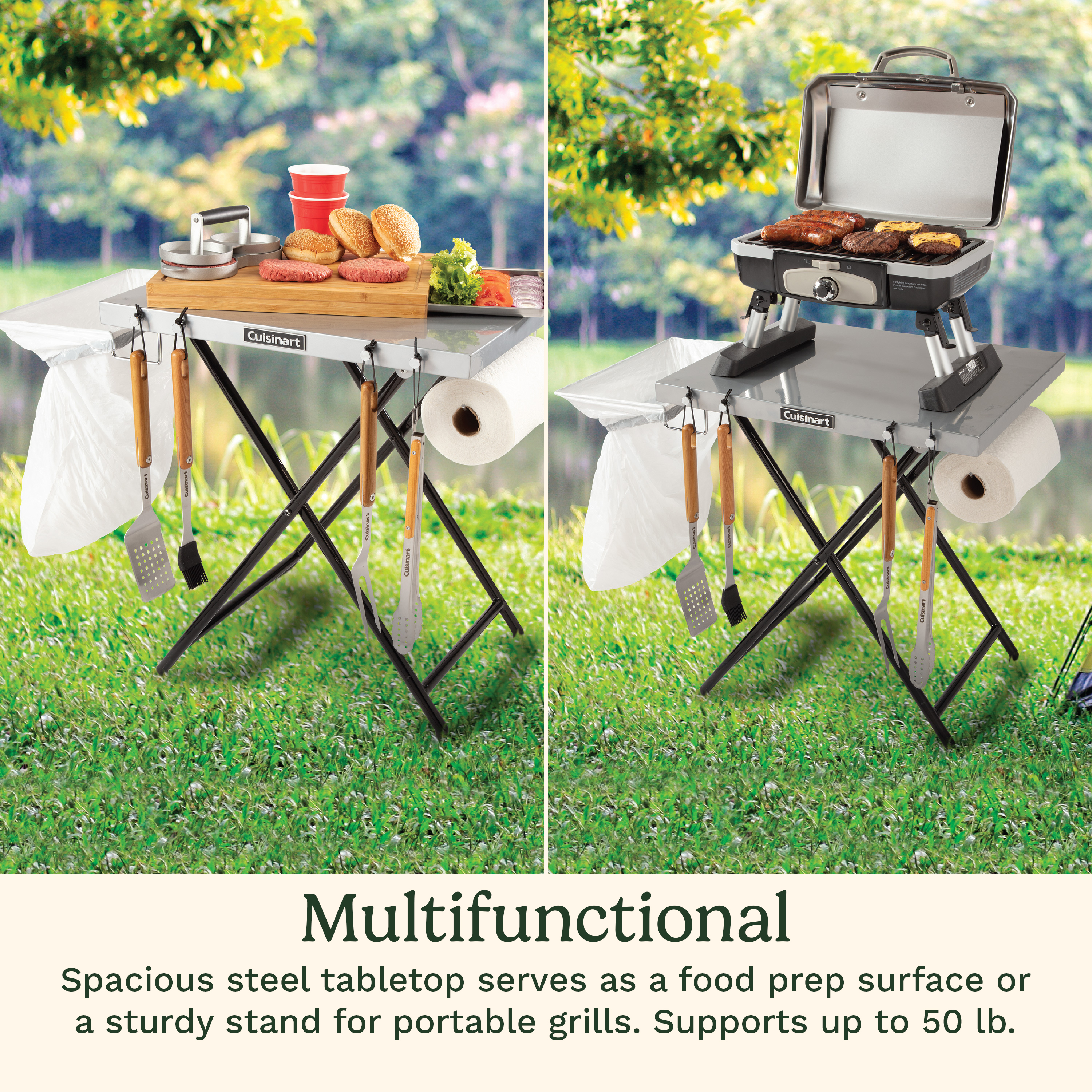 Cuisinart Fold n Go Prep Table, Portable Folding Table and Grill Stand with Tool hooks, Trash Bag Holder, Paper Towel Rack, 24 x 20 Steel Food Prep Station Perfect for BBQs, Tailgates and Camping