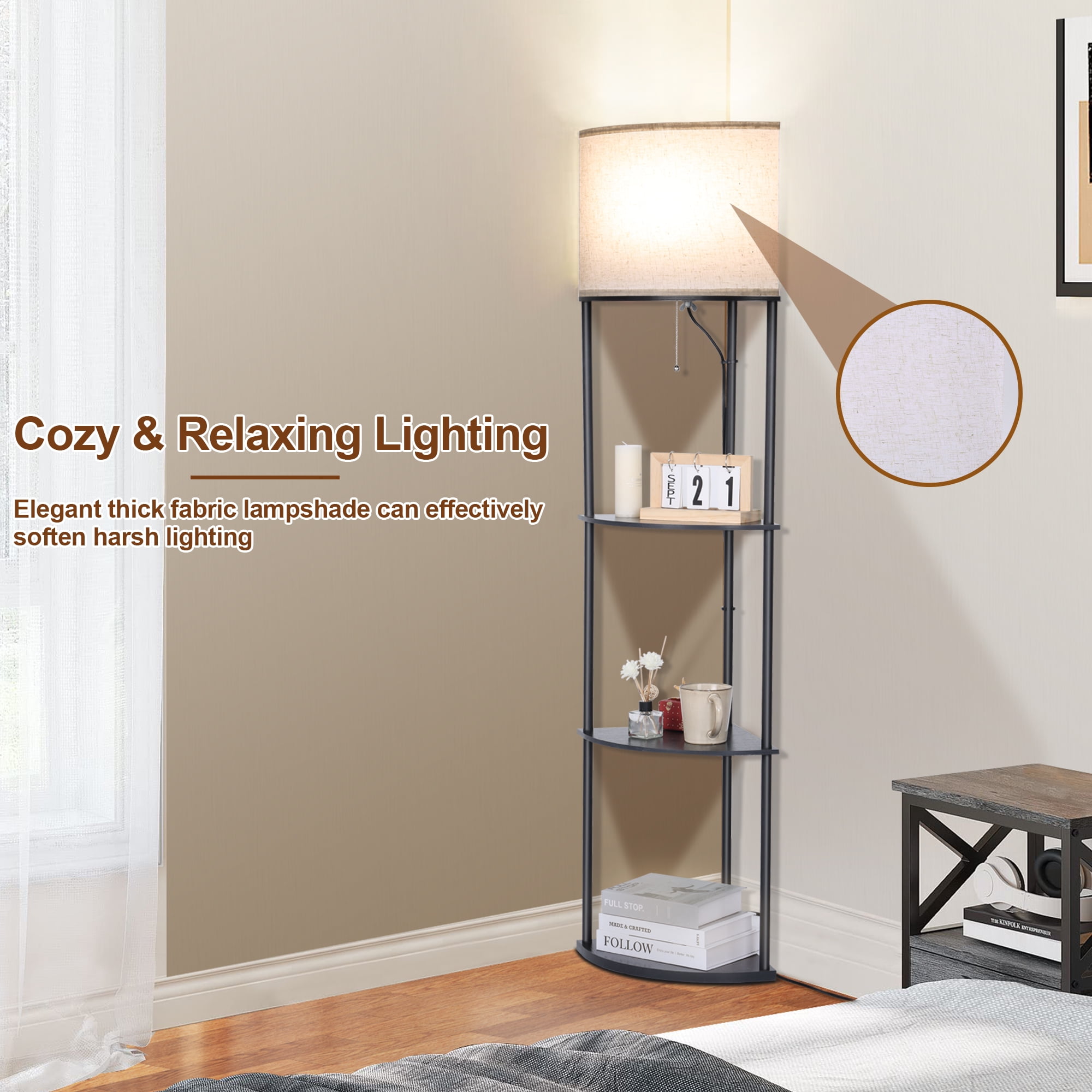 Vesteel Corner Floor Lamp for Living Room, Standing Lamps with with 3-Tier Shelves & 3 Color Temperature LED Bulb, Tall Lamp for Bedroom Reading Room & Office