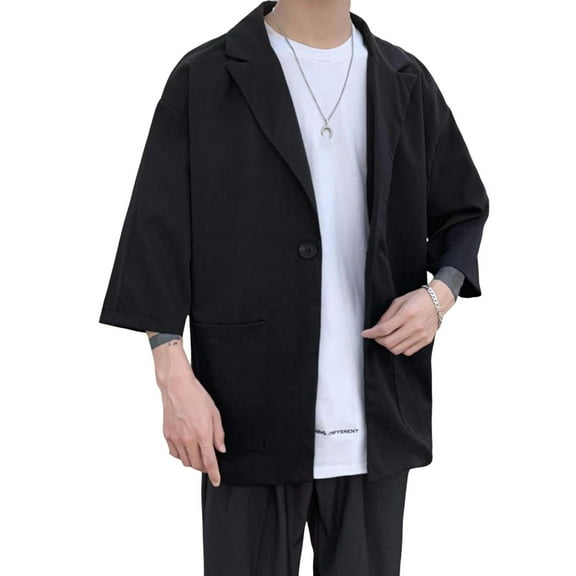 Men Spring Suit Jacket Men Suit Coat Solid Color Spring Summer Suit Jacket Single-button Lapel Design 3/4 Sleeve Loose Fit Casual Business Outerwear