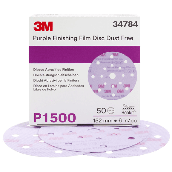 3M Hookit Purple Finishing Film Abrasive Disc 260L, 34784, 6 in, Dust Free, P1500