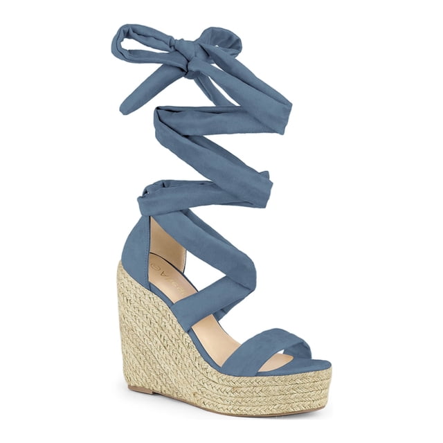 BLISSFUL STEP Sandales pour Femmes en Faux Suède à Plateforme Compensée à Lacets à Bout Ouvert Bleu Brume 7