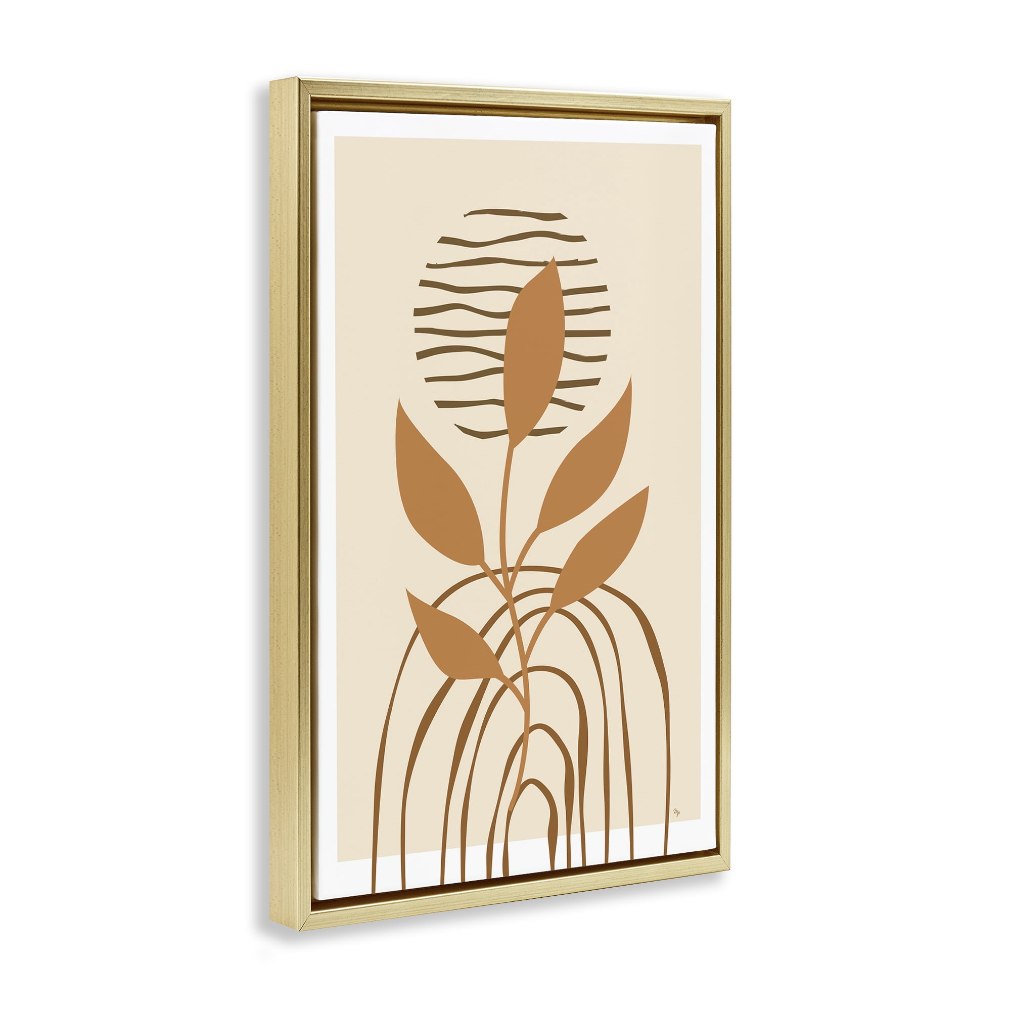 Stupell Industries Minimal Leaf Sprig Botanical & Floral Painting Gold Floater Framed Canvas Art Print Wall Art, 21 x 31