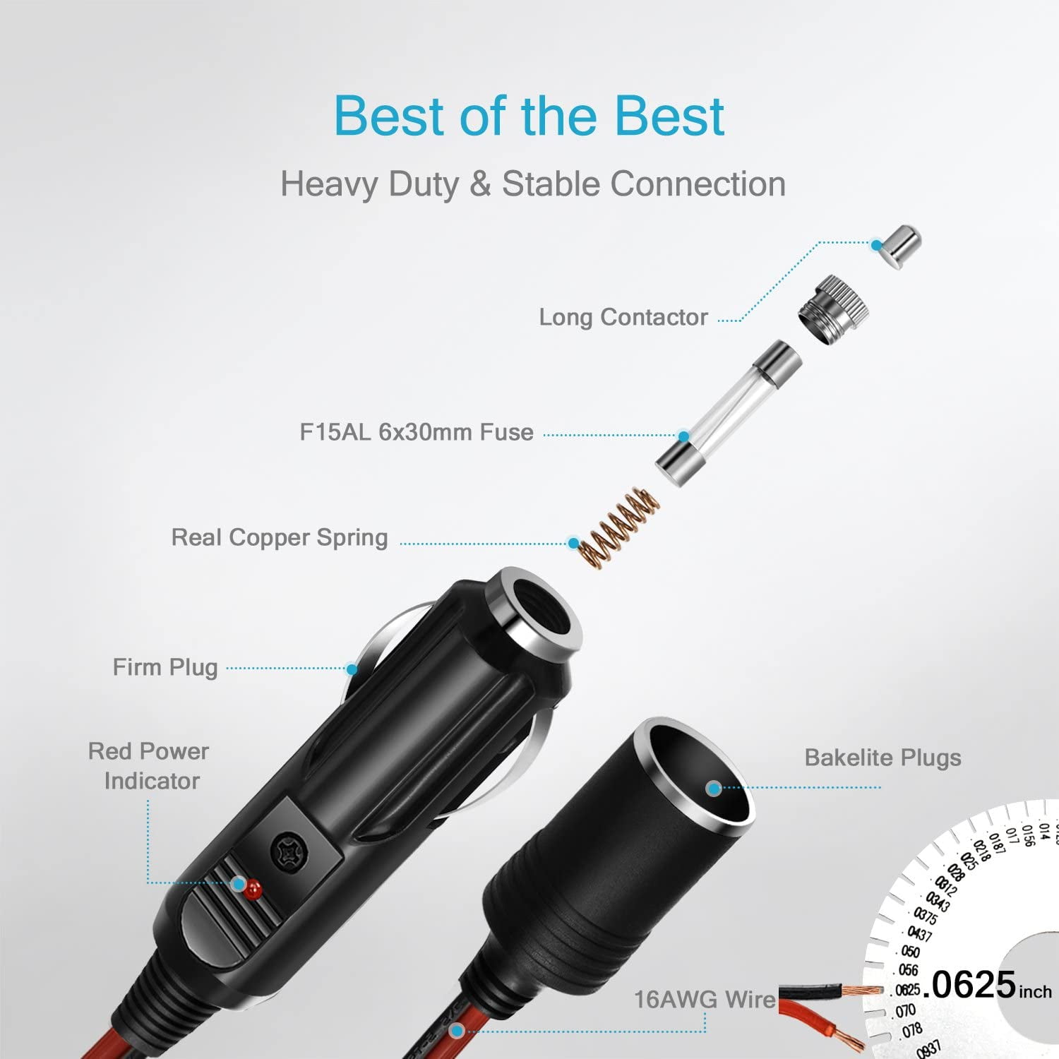 12V Car Cigarette Lighter Extension Cord 10ft UL Wire 16AWG Heavy Duty  Cable 15A Fuse Car DC Power Plug 12/24V Car Tire Inflator Cleaner Male  Female 