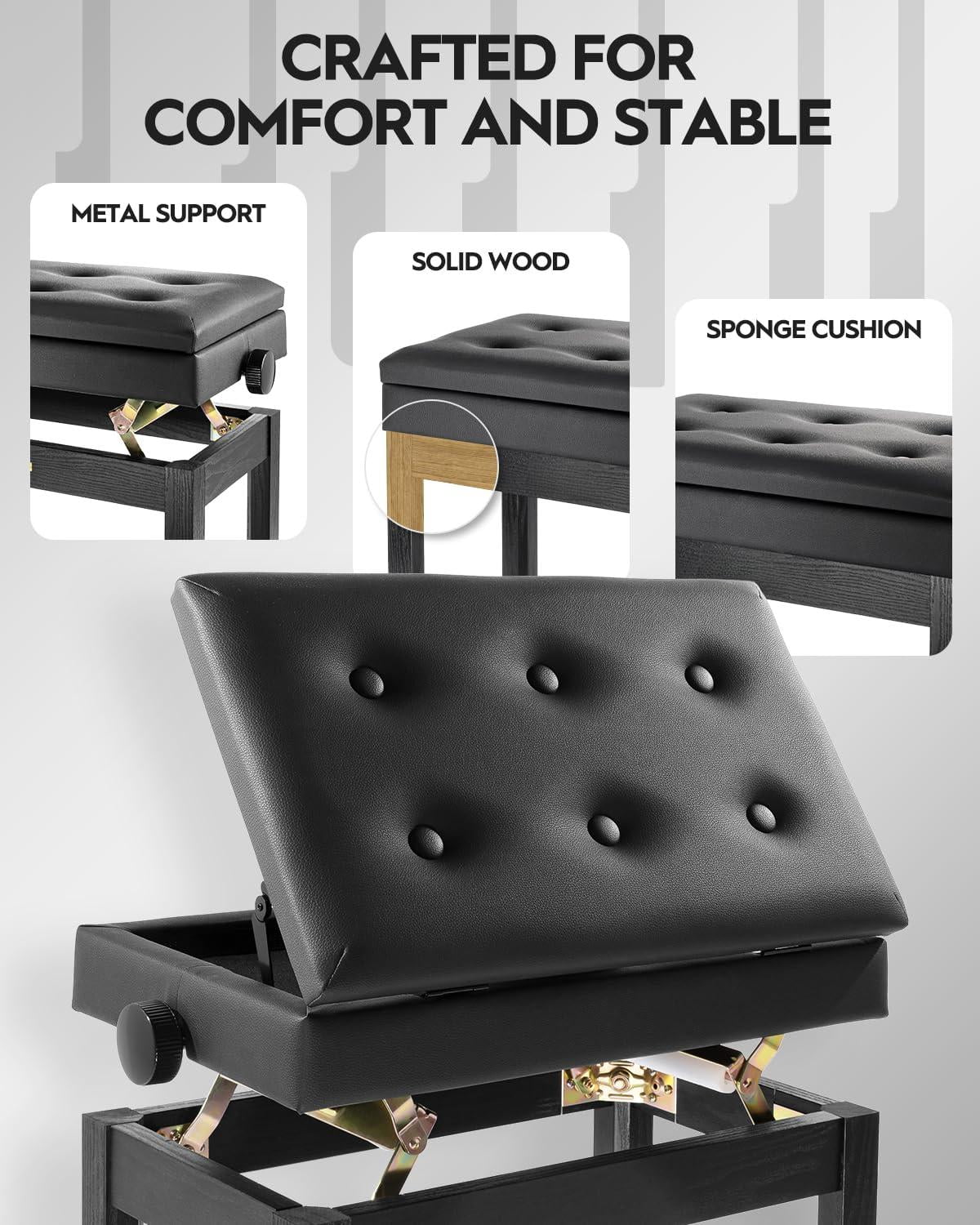 Adjustable Piano Bench With Storage  Wooden Keyboard Bookcase Stool Chair Seat High-density Sponges Cushion For Shop Music School Studio Black Spb-20