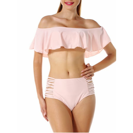 LELINTA Women Two Piece Swimsuit Set Off Shoulder Ruffled Flounce Crop Bikini Top with High Waist Cut Out Bottoms Swimwear Five