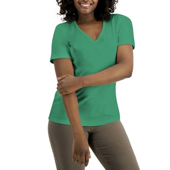 Karen Scott Women's Cotton V-Neck Short Sleeve Top Green Verde Size XL