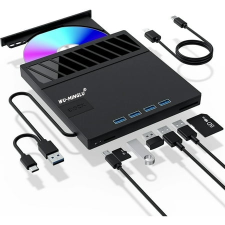 WU-MINGLU External CD/DVD Drive for Laptop,7 in 1 USB Ultra-Slim Portable CD/DVD Player Burner, cd writer external SD TF CD ROM Compatible with External DVD Player for Windows 11/10/8/7 Linux