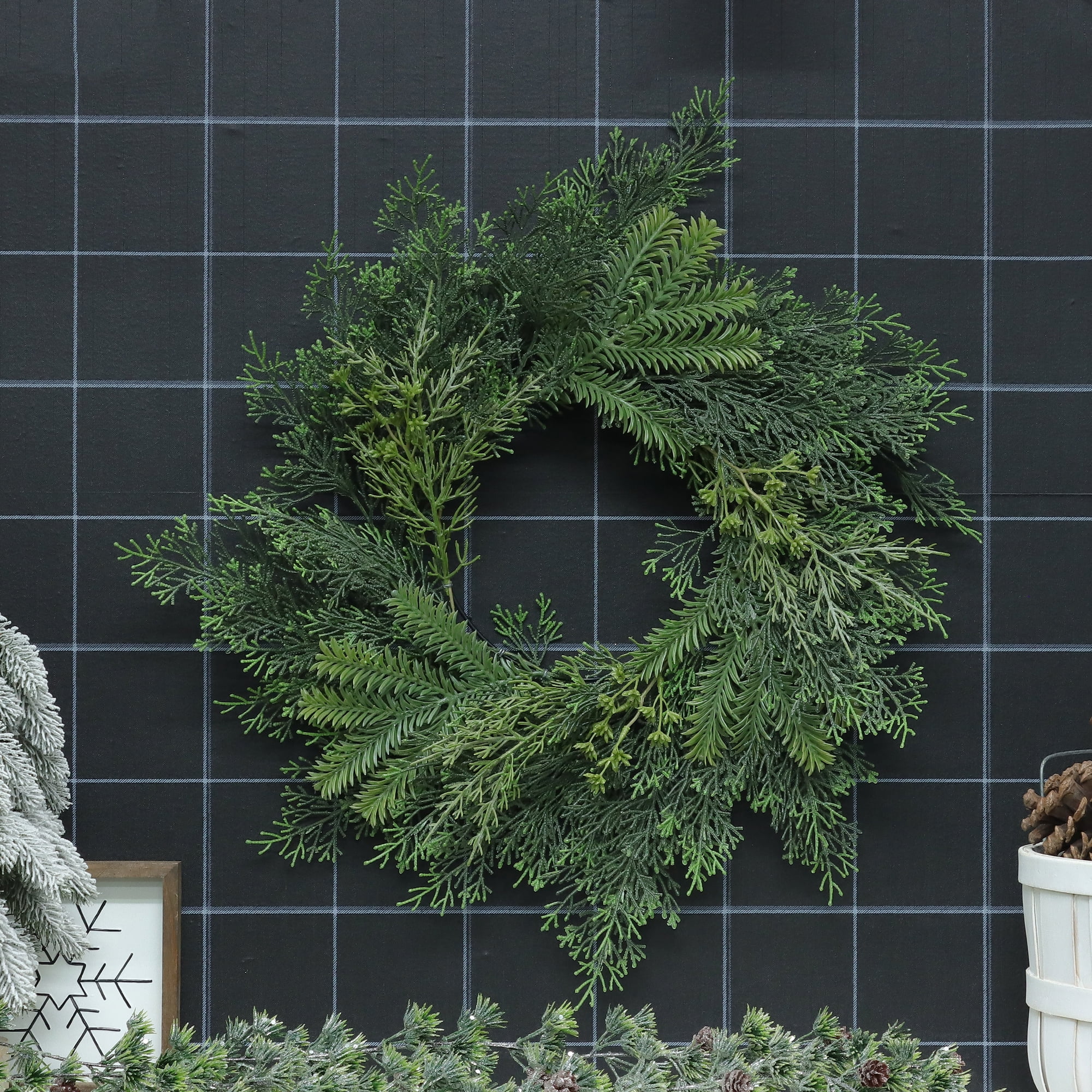 Mainstays 18 inch Artificial Green Pine Round Wreath, for Door or Wall, Metal Base