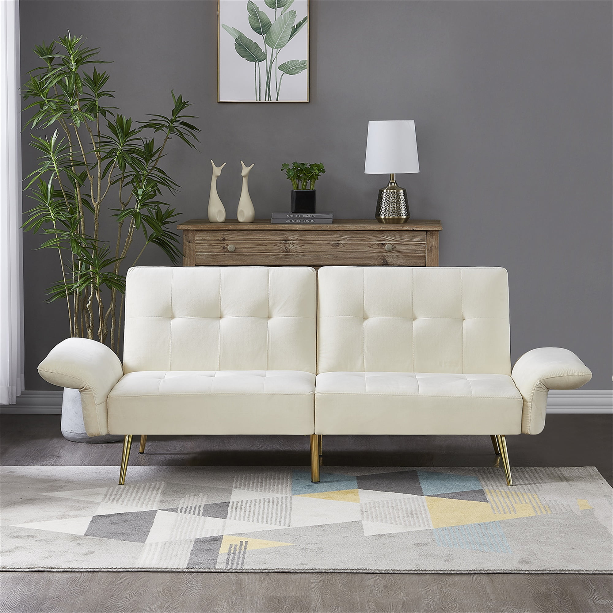 Canddidliike Velvet Futon Sofa Bed, Convertible Sleeper Loveseat Couch with Folded Armrests and Storage Bags for Living Room and Small Space, Beige 280g velvet Canddidliike Velvet Futon Sofa Bed, Convertible Sleeper Loveseat Couch with Folded Armrests and Storage Bags for Living Room and Small Space, Beige 280g velvet