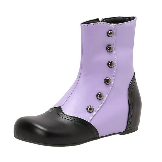 Bottes Cheville Plates Violettes à Bout Rond et Design à Blocs de Couleur pour Femmes, Hiver, Tenue Décontractée, Cuir Pu, Ajustement Confortable