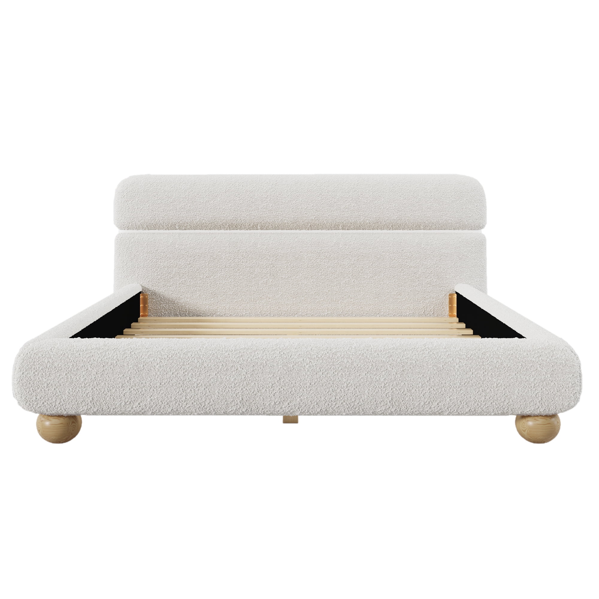 Euroco Teddy Fleece Fabric Queen Size Platform Bed with Round Legs, White