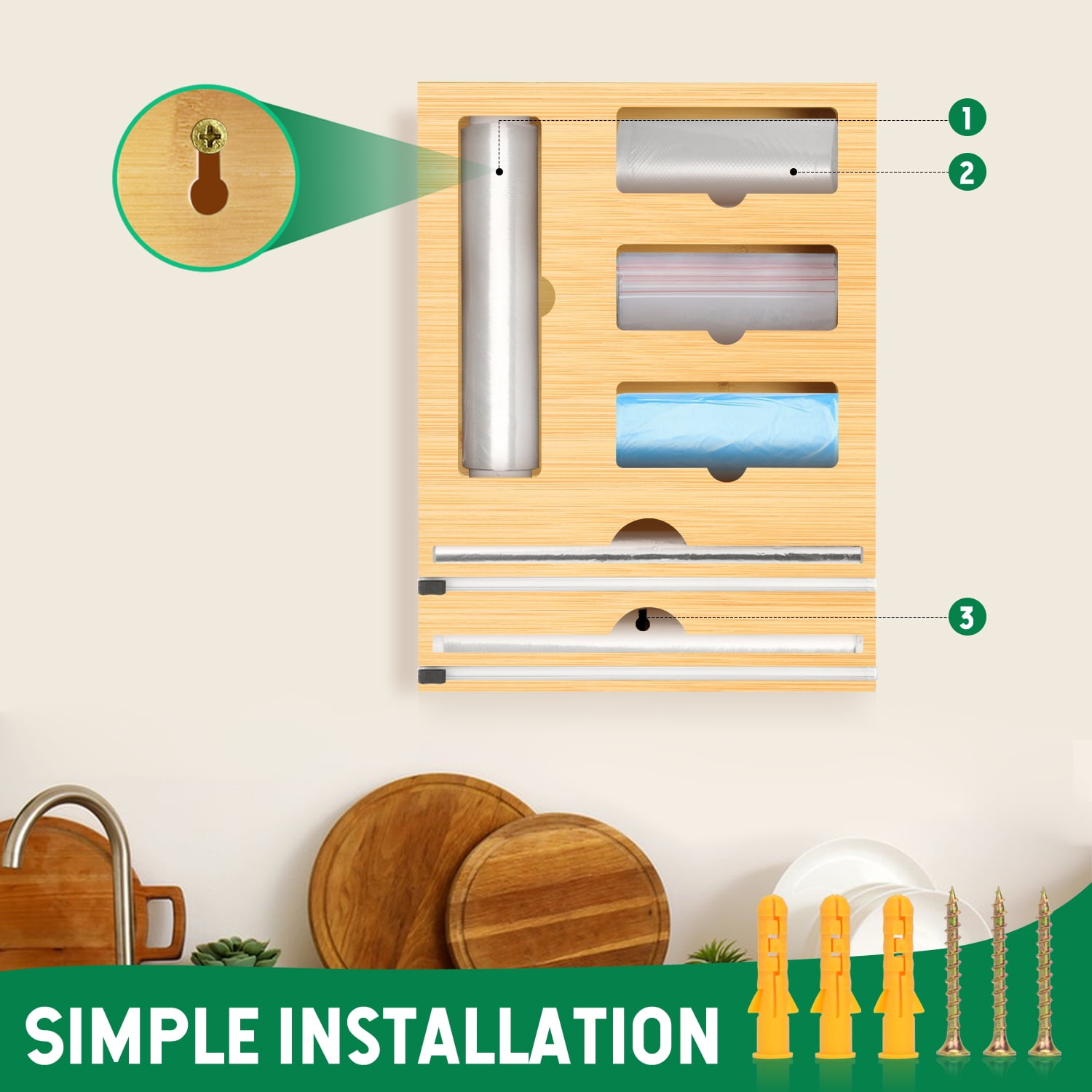 Ziplock Bag Storage Organizer for Kitchen Drawer & Wrap Dispenser with Cutter, 6 in 1 Bamboo Organizer Compatible with 12" Aluminum Foil Roll, Suitable for Gallon, Quart, Sandwich Bags, Roll etc