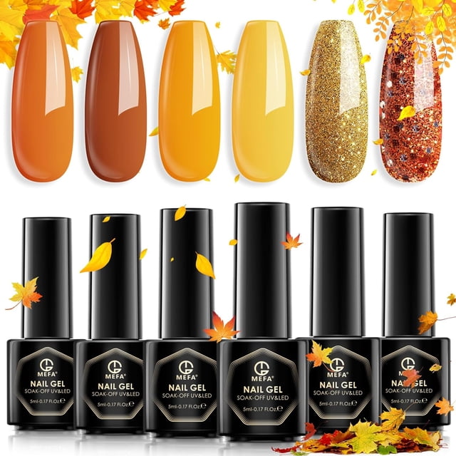 MEFA Kit de esmalte de uñas de gel con luz UV, 28 colores, juego de esmalte de uñas de gel para otoño e invierno, color marrón dorado, kit de iniciación de esmalte de uñas con base y capa superior mat