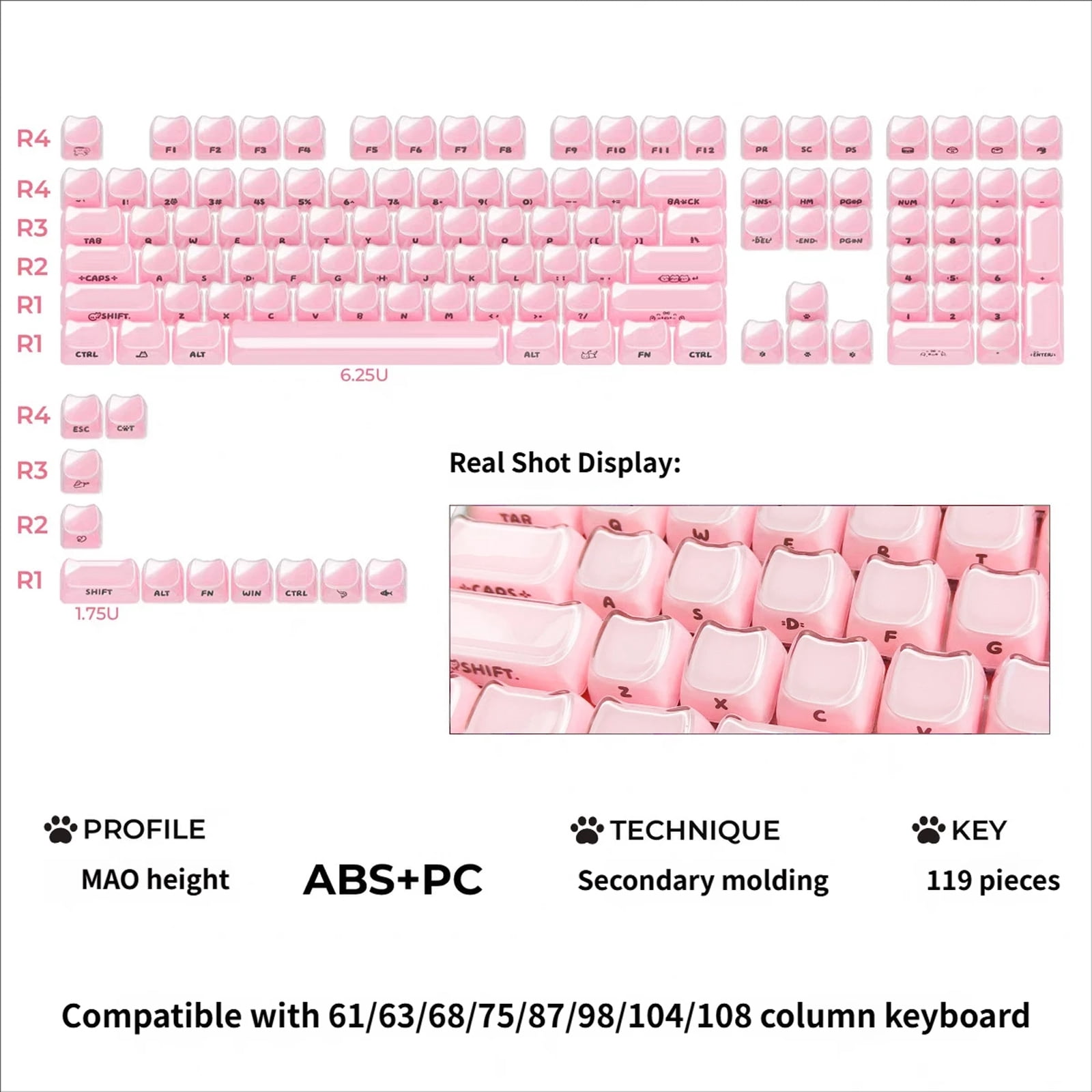 MAO Ergonomic Profile 119 Key Keycap Set In Frosted Jelly Finish With Side Printed Characters For Gaming Keyboards