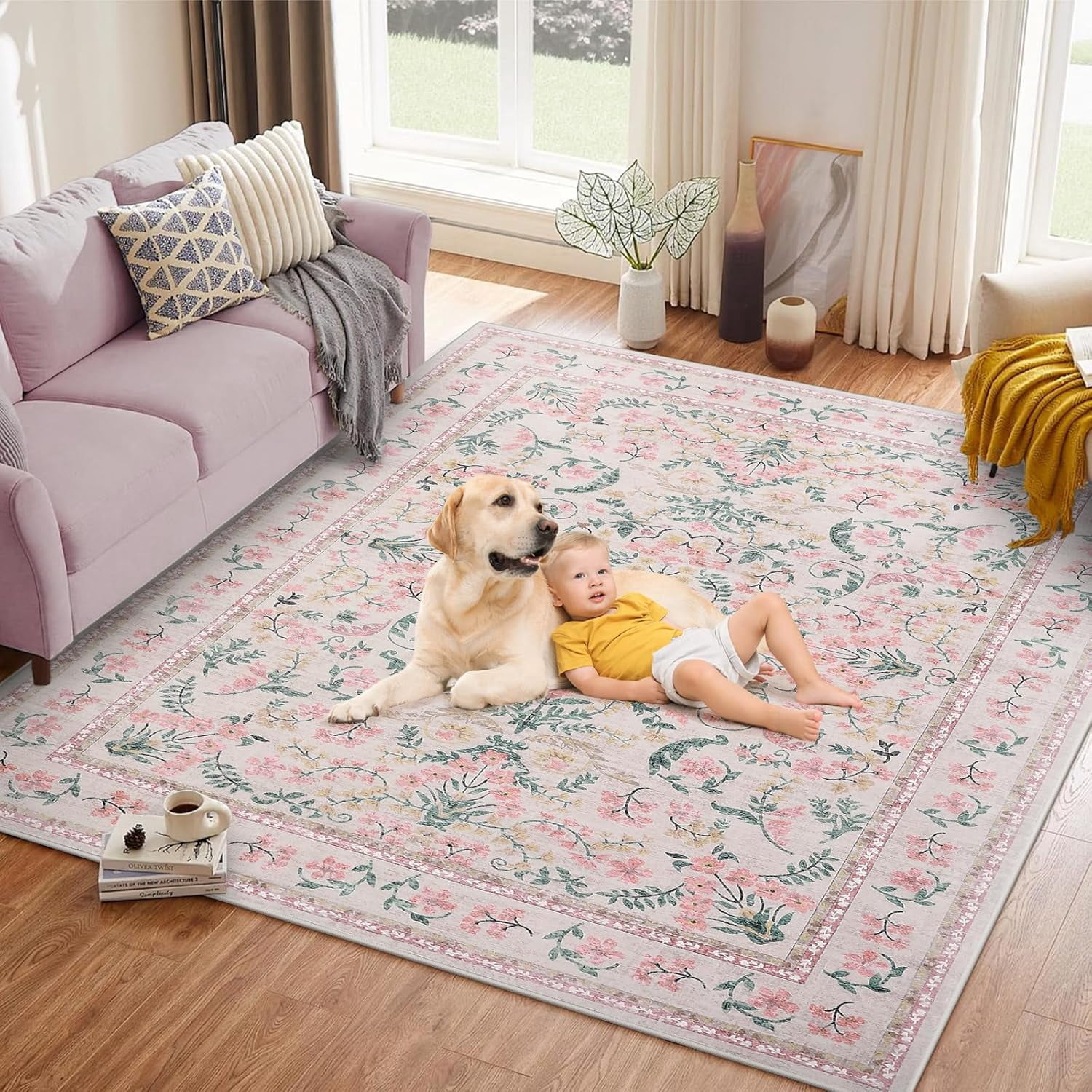 Memoryfield Washable Vintage Area Rug 9' x 12', Soft Low Pile Indoor Non Shedding Floor Covering, Foldable Floor Mat, Pink