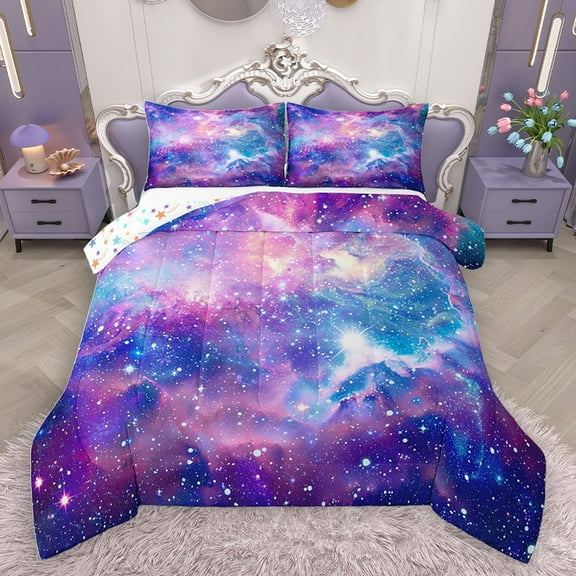 Homewish Universe Galaxy 2pcs Bedding Comforter Set for Female Men Teens,Starry Sky Twin Comforter Sets,Gradient Ombre Cosmos Breathable Bedding Set,Lightweight Room Decor,Reversible