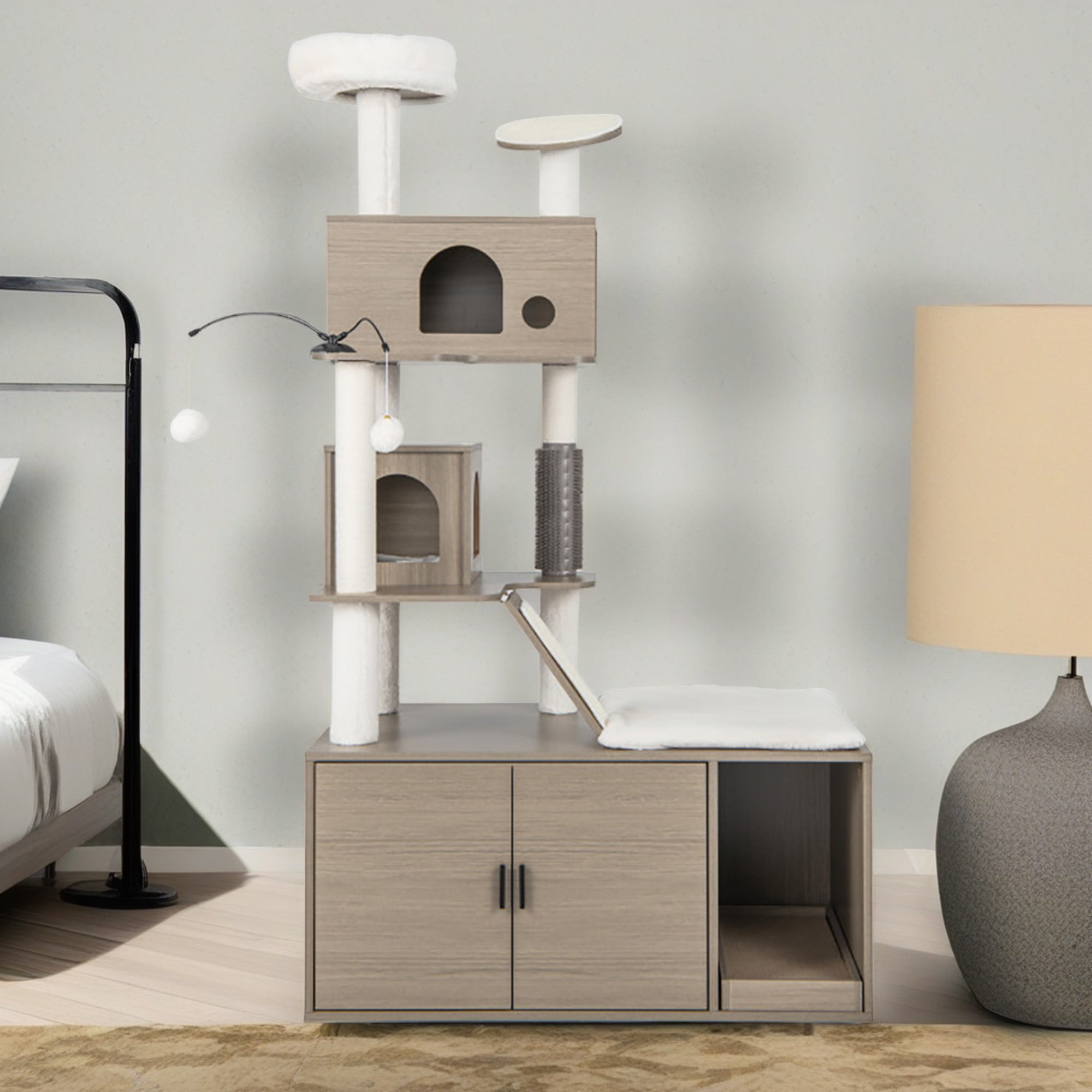 Kadyn 68" Cat Tree Tower with Litter Box Enclosure, 2-in-1 Modern Cat Tower, Cat Condo with Scratching Posts and Board, Gray