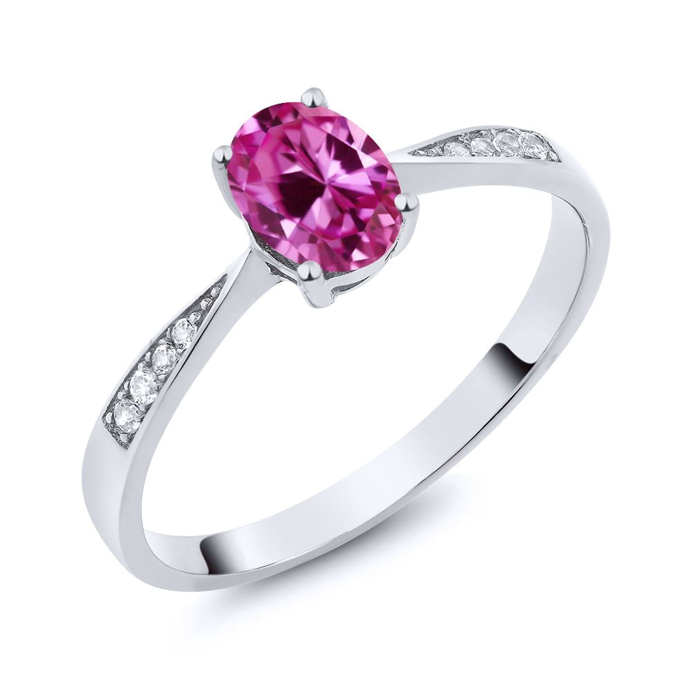 Gem Stone King 10K White Gold Pink Created Sapphire and White Diamond Engagement Ring for Women (0.96 Cttw, Gemstone September Birthstone, Oval 7X5MM, Available in Size 5, 6, 7, 8, 9)