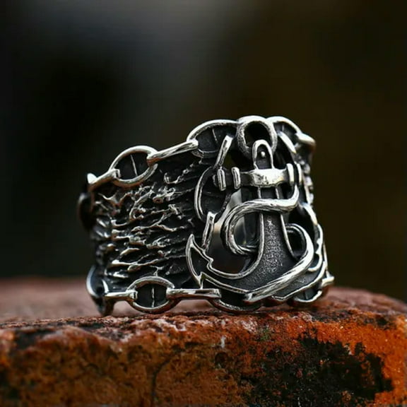 K-KED Gothic Ship's Cable Chain Anchor Ring Stainless Steel Men's Vintage Biker Ring-7