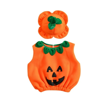 

Pudcoco Baby Halloween Set Adorable Sleeveless One-peice Pumpkin Face Tank Tops Hat