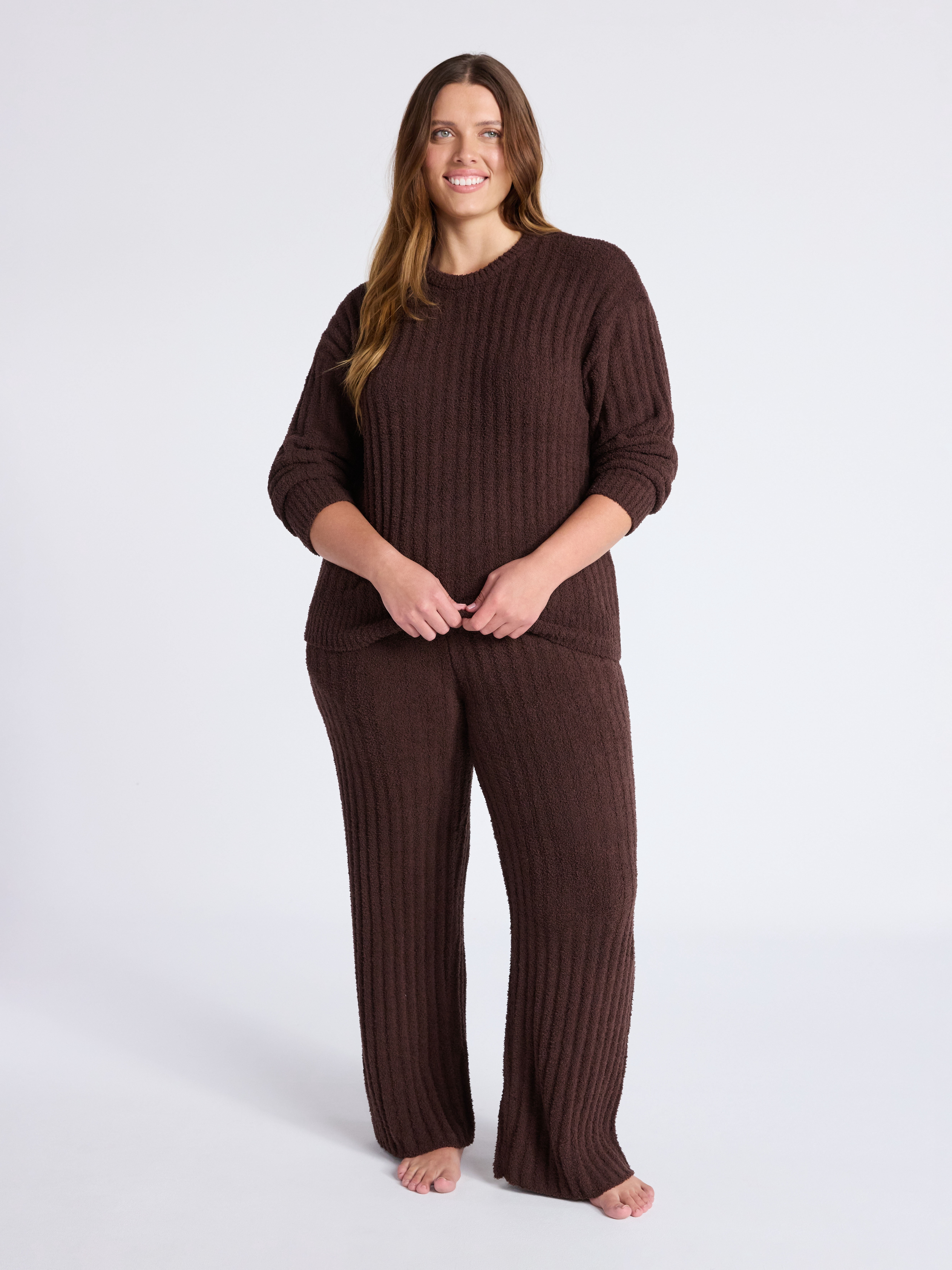 Joyspun Women's Cozy Ribbed Crewneck Top and Wide-Leg Pants Set, 2-Piece, Sizes XS-3X