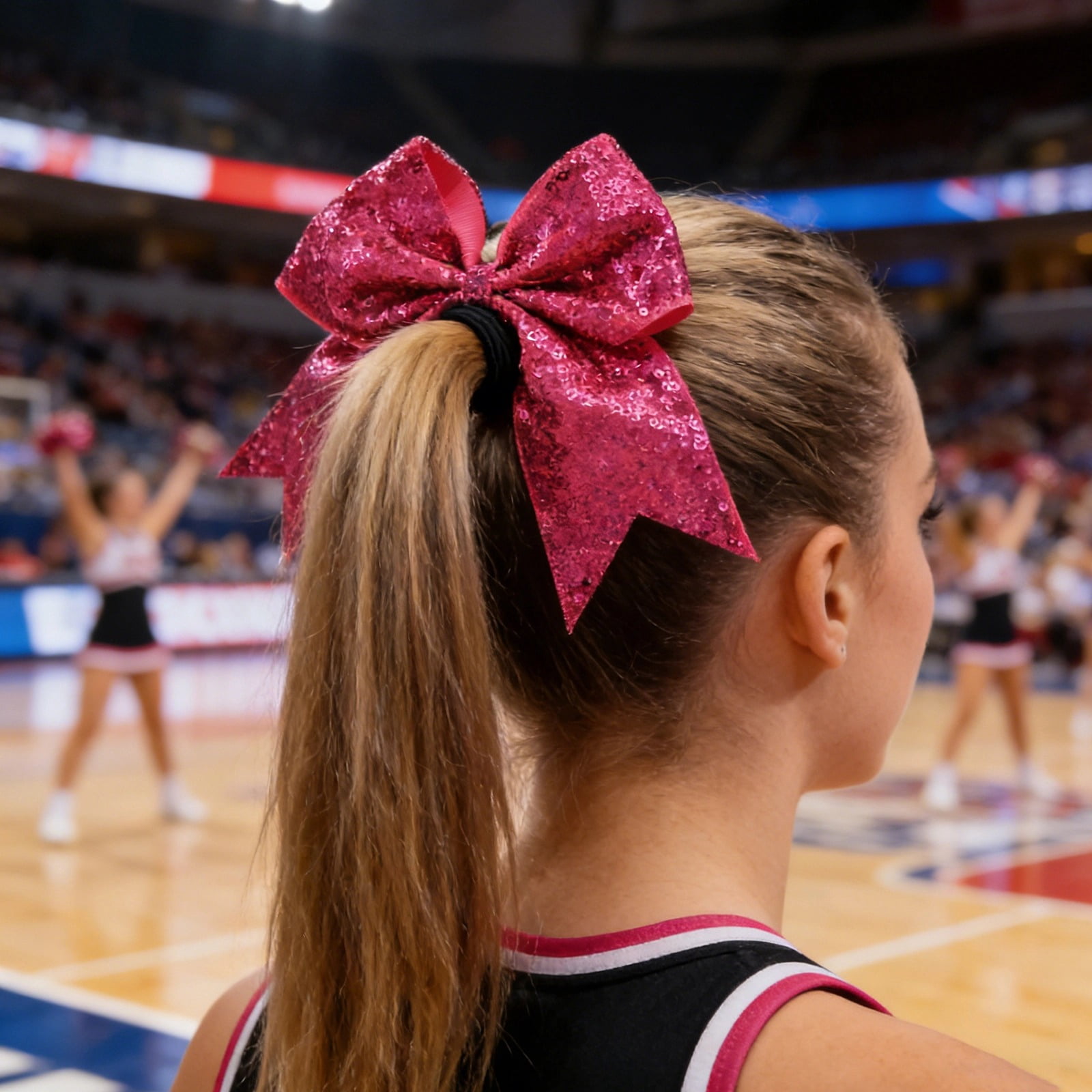 16 Pcs Hot Pink Glitter Cheer Bows, 7.5 Inch Large Sequins Ponytail Holders for Cheerleading, Sports, Dance, Elastic Hair Ties for Women and Ladies